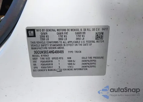 2017 Chevrolet Silverado 1500 2Lz from USA, damaged, VIN 3GCUKSEC4HG408499